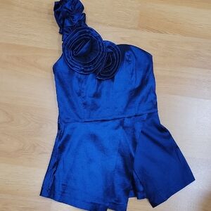 Daisy Royal Blue One-Shoulder Floral Appliqué Satin Top